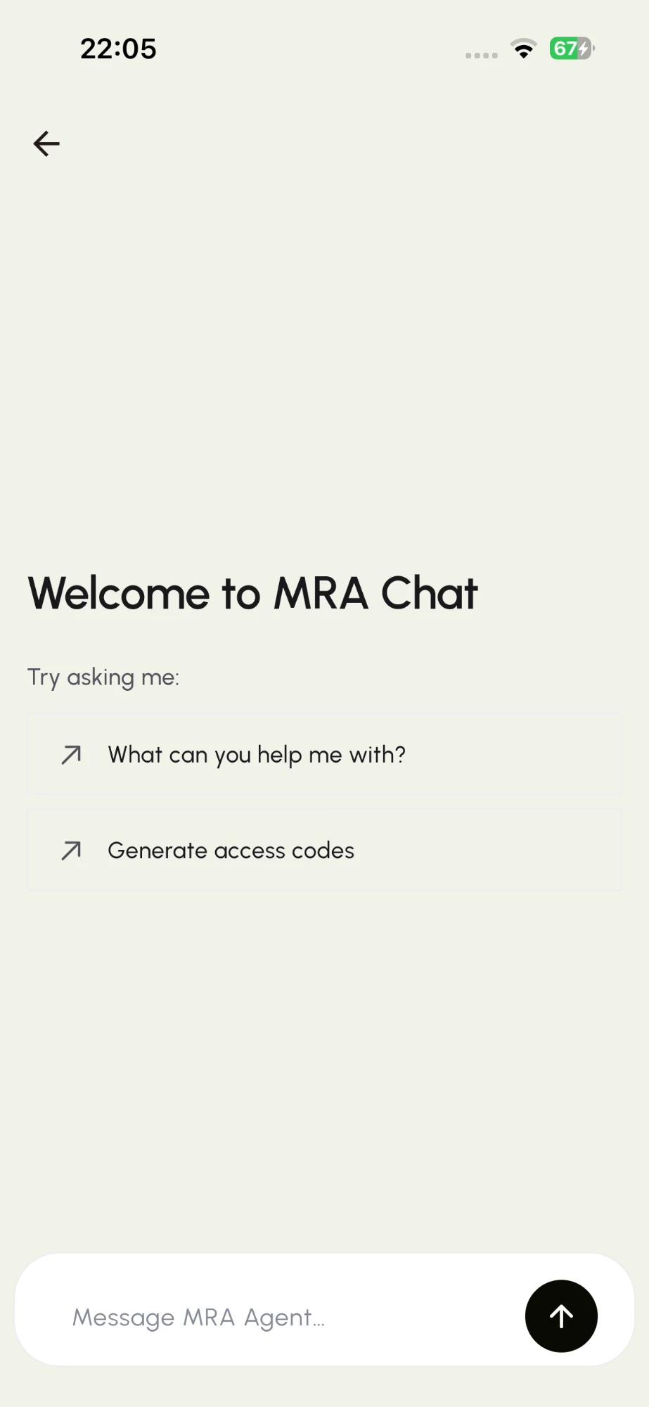 Welcome to MRA Chat screen with suggested prompts