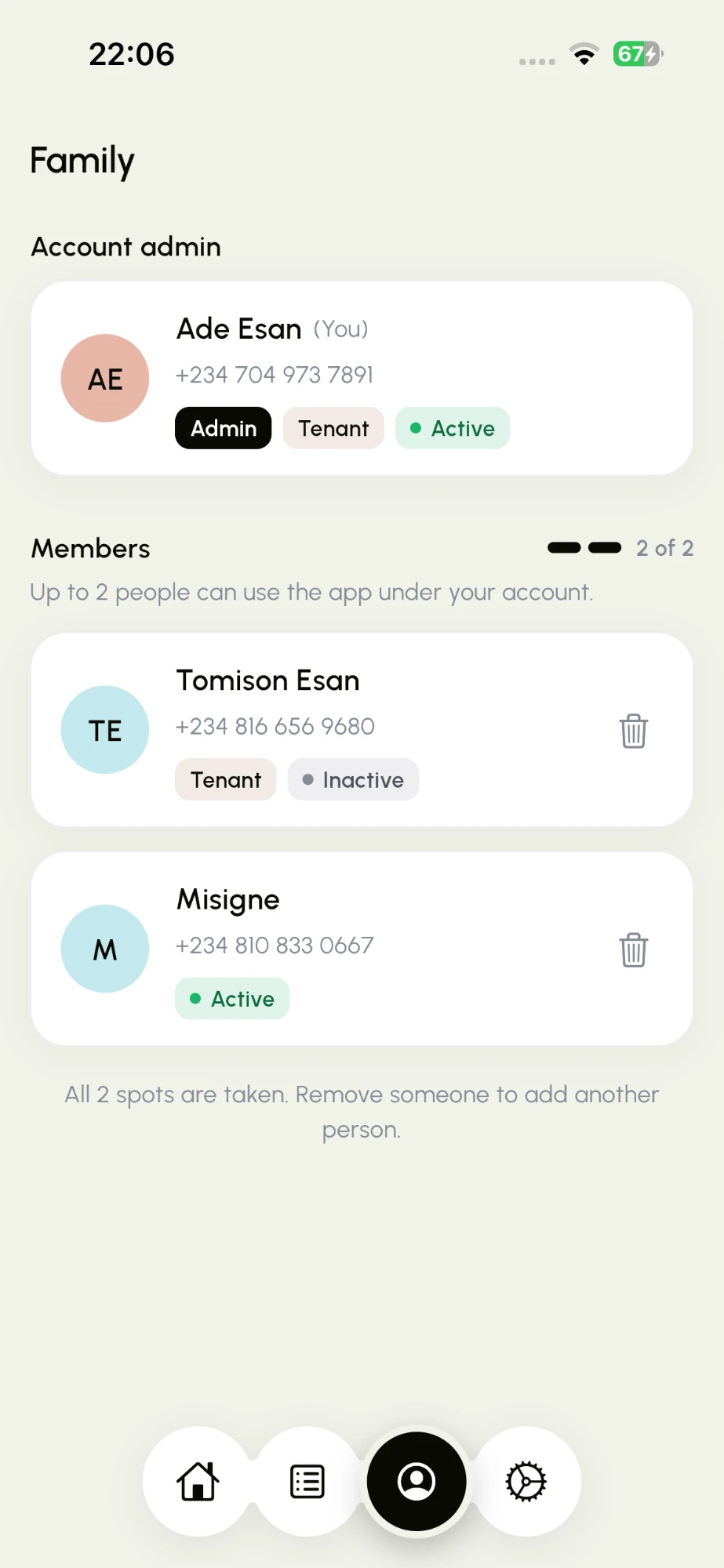 Family screen showing the account admin and two members