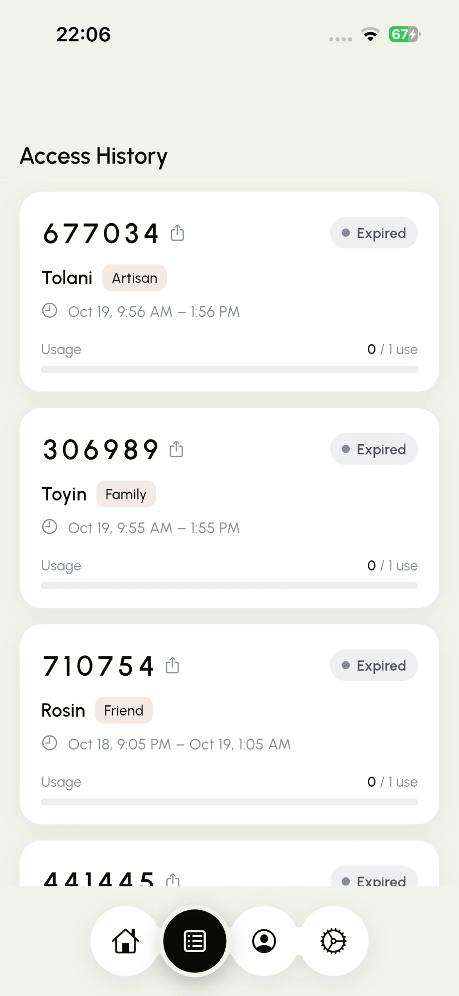 Access History screen listing expired codes for Tolani, Toyin and Rosin