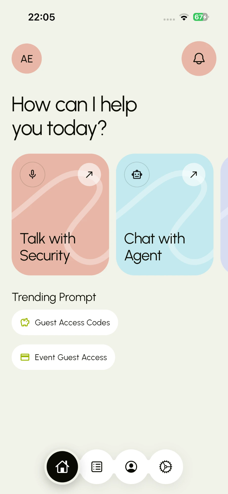 MRA.ai home screen with Talk with Security and Chat with Agent cards